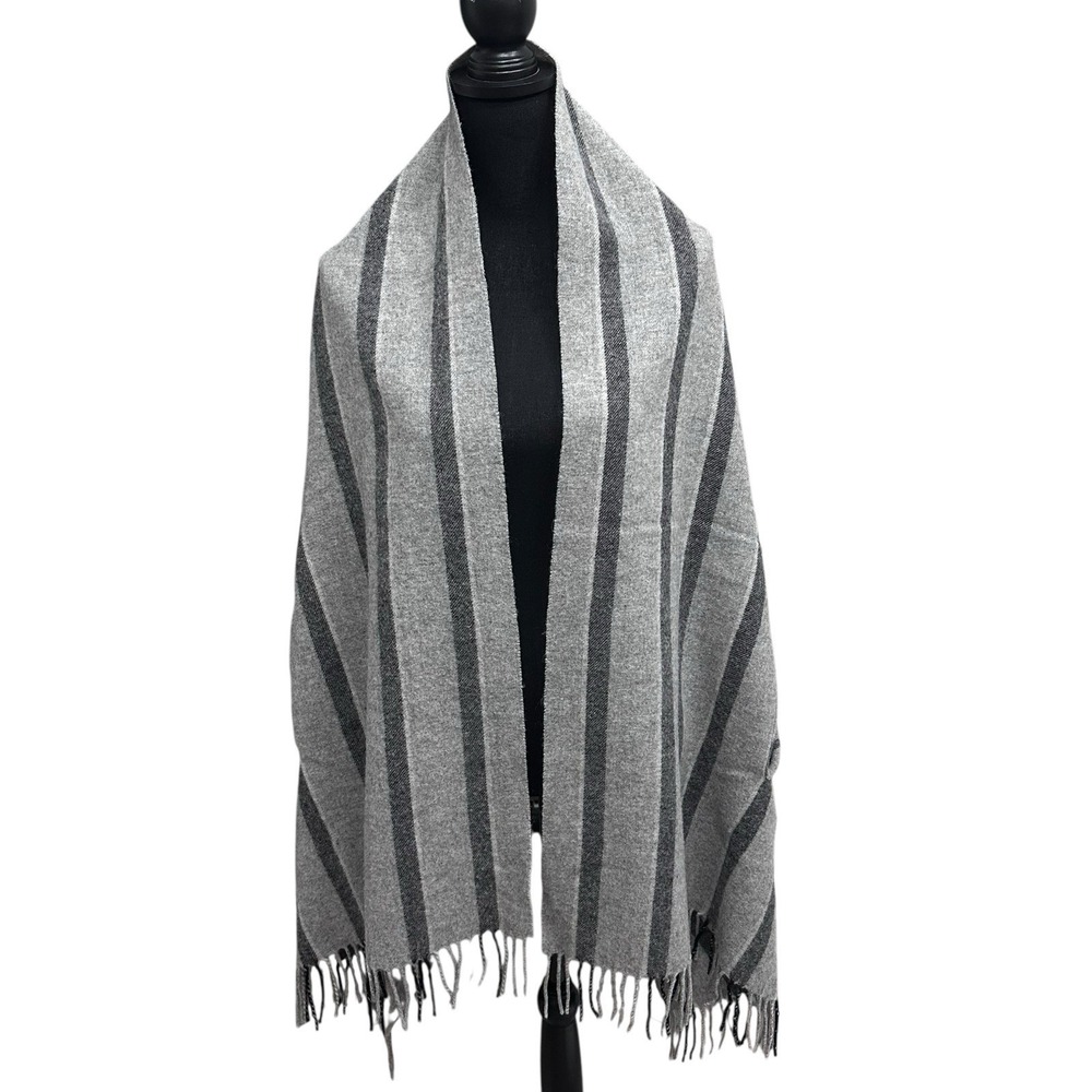 Madewell‎ Cape Scarf In Vertical Stripe 100% Wool Fringe Armholes Gray SOFT